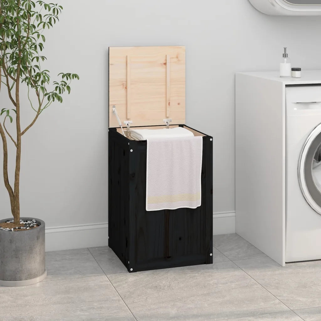 Contenitore per Bucato Nero 44x44x66 cm Legno Massello Pino 823568