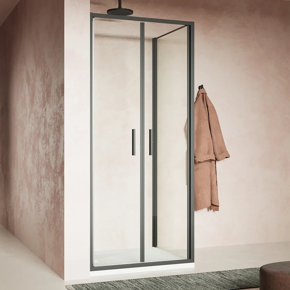 Box doccia slim 90x100cm con apertura saloon e parete fissa profili nero opaco e vetro 6mm trasparente h190| Portofino