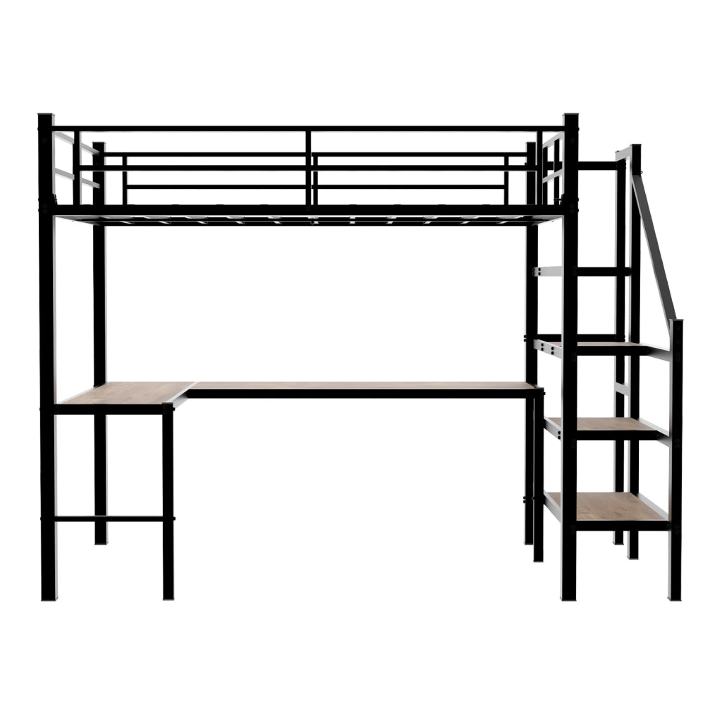 Letto a soppalco con scrivania a L; scala con vani portaoggetti in ferro nero