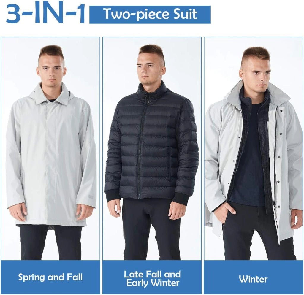 Giacca da sci da uomo 3 in 1, Trench Cappotto Autunno Inverno Giacca a Vento con Cappuccio, Impermeabile (Grigio, XXXL)