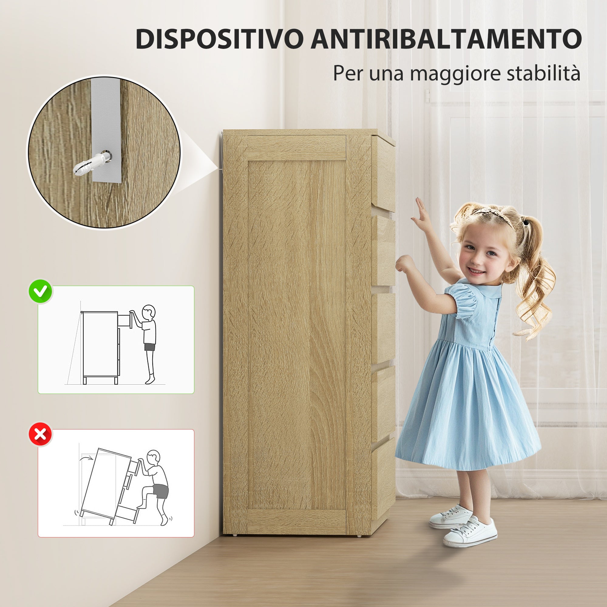 Cassettiera 5 Cassetti 60x39x100 cm in Legno con Guide in Metallo e Maniglie Scanalate color Faggio