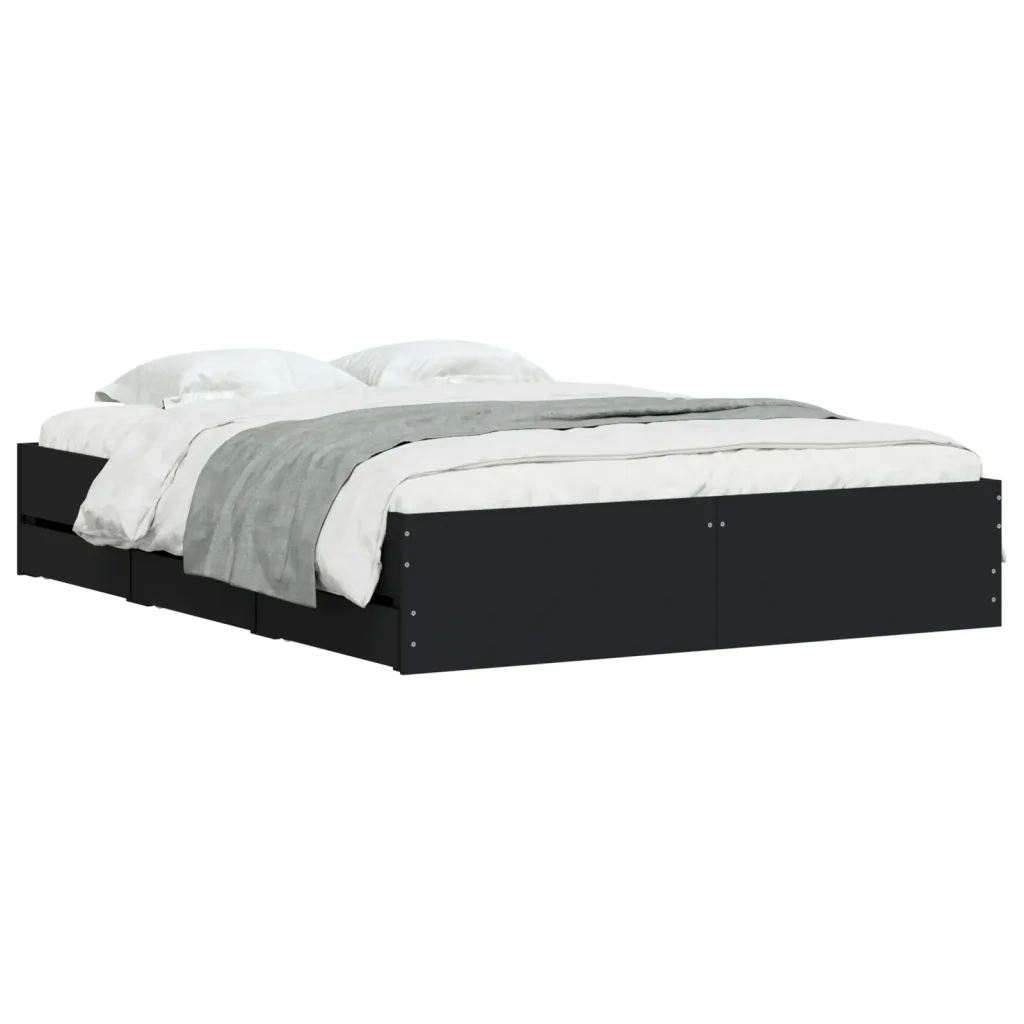 Letto matrimoniale | Letto per adulti | Giroletto con Cassetti Nero 140x190 cm in Legno Multistrato