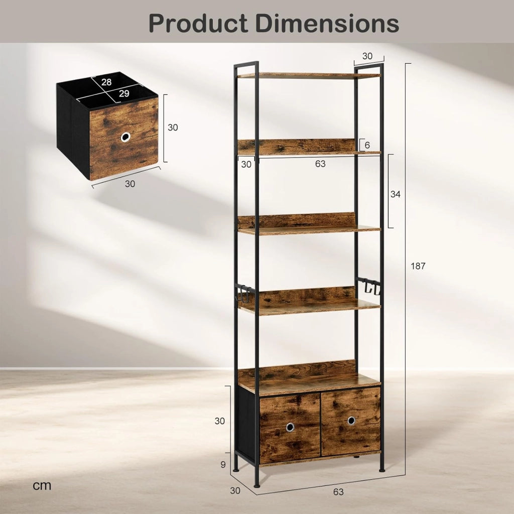 Libreria a 5 Piani con 2 Cassetti, Scaffale di Stoccaggio a Pavimento, Industriale, Struttura in Acciaio, Soggiorno/Ufficio/Studio/Cucina/Camera da Letto, Marrone Rustico+Nero, RGB62vbn