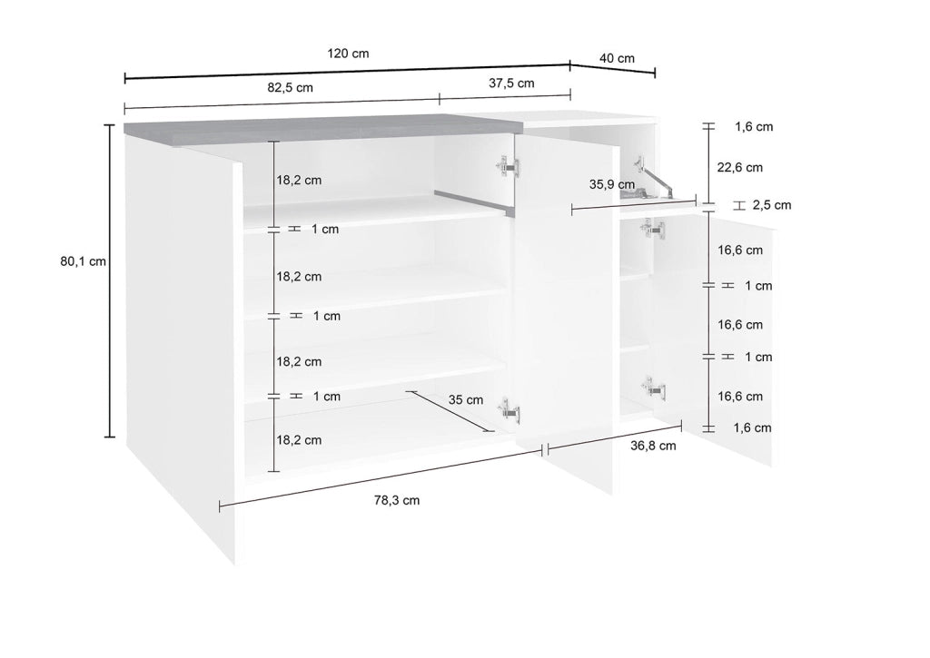 Scarpiera 3 Ante Battenti 1 Antina a Ribalta 120x40x80,1 cm Zet Bianco Lucido e Ardesia