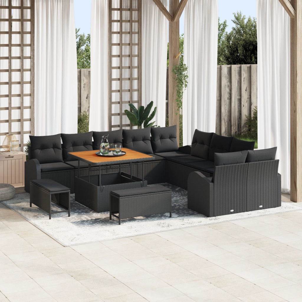 Set di Divani da Giardino  da 13 Pezzi con Cuscini Nero Polyrattan Acacia