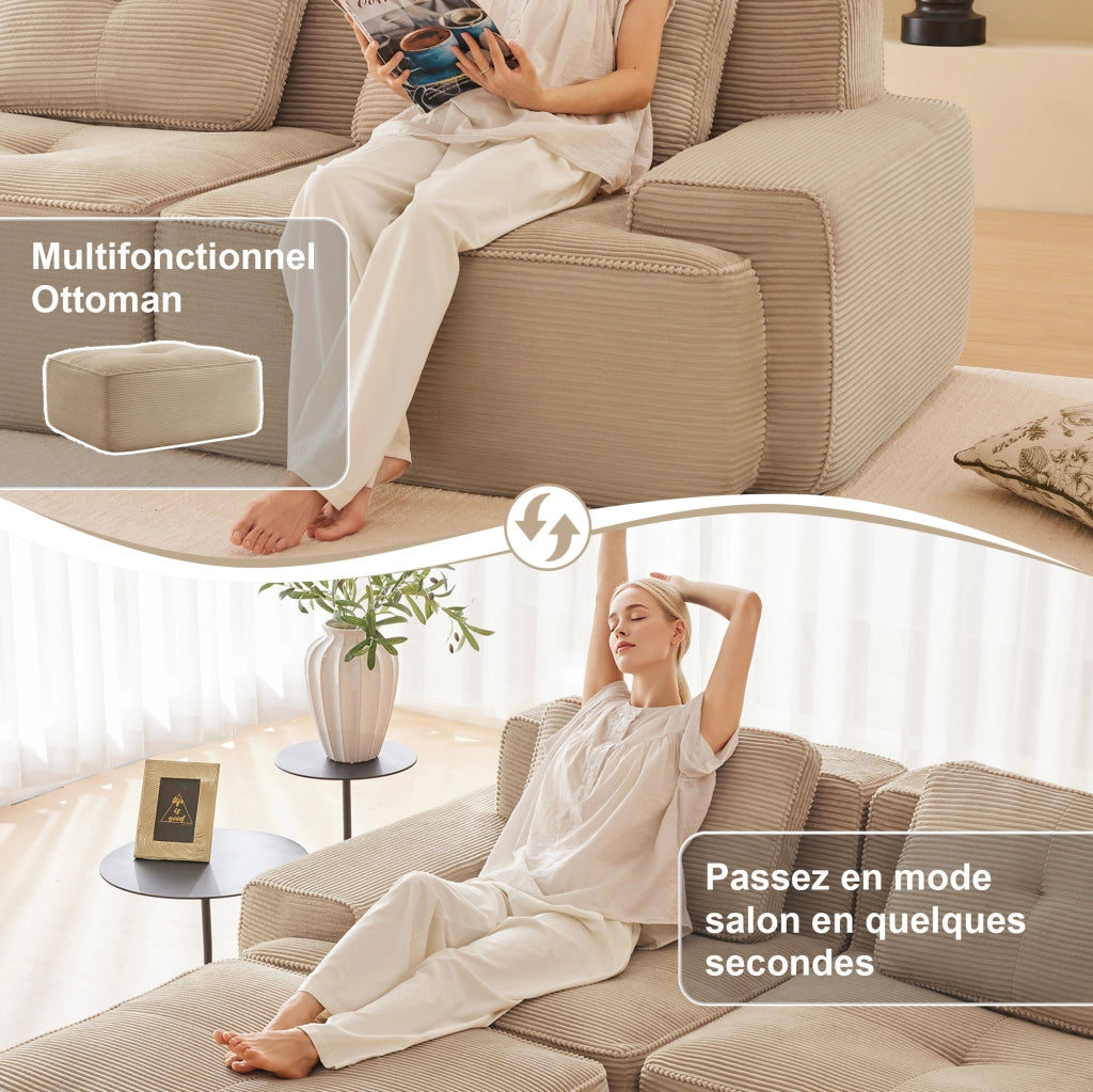 Divano modulare Cloud in velluto a coste beige con seduta profonda e design senza braccioli, 2 posti