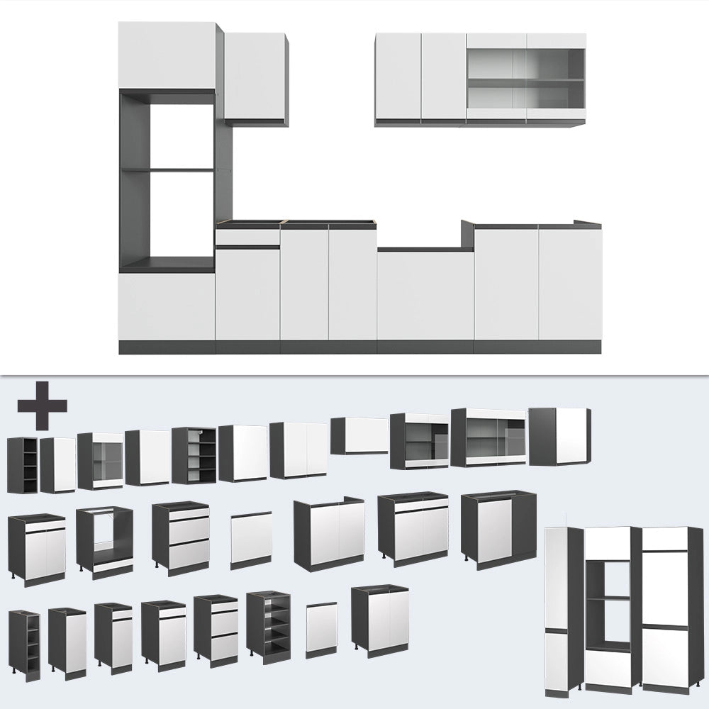 Vicco Cucina componibile Bianco/antracite 300 cm con armadio alto, PL Marmo