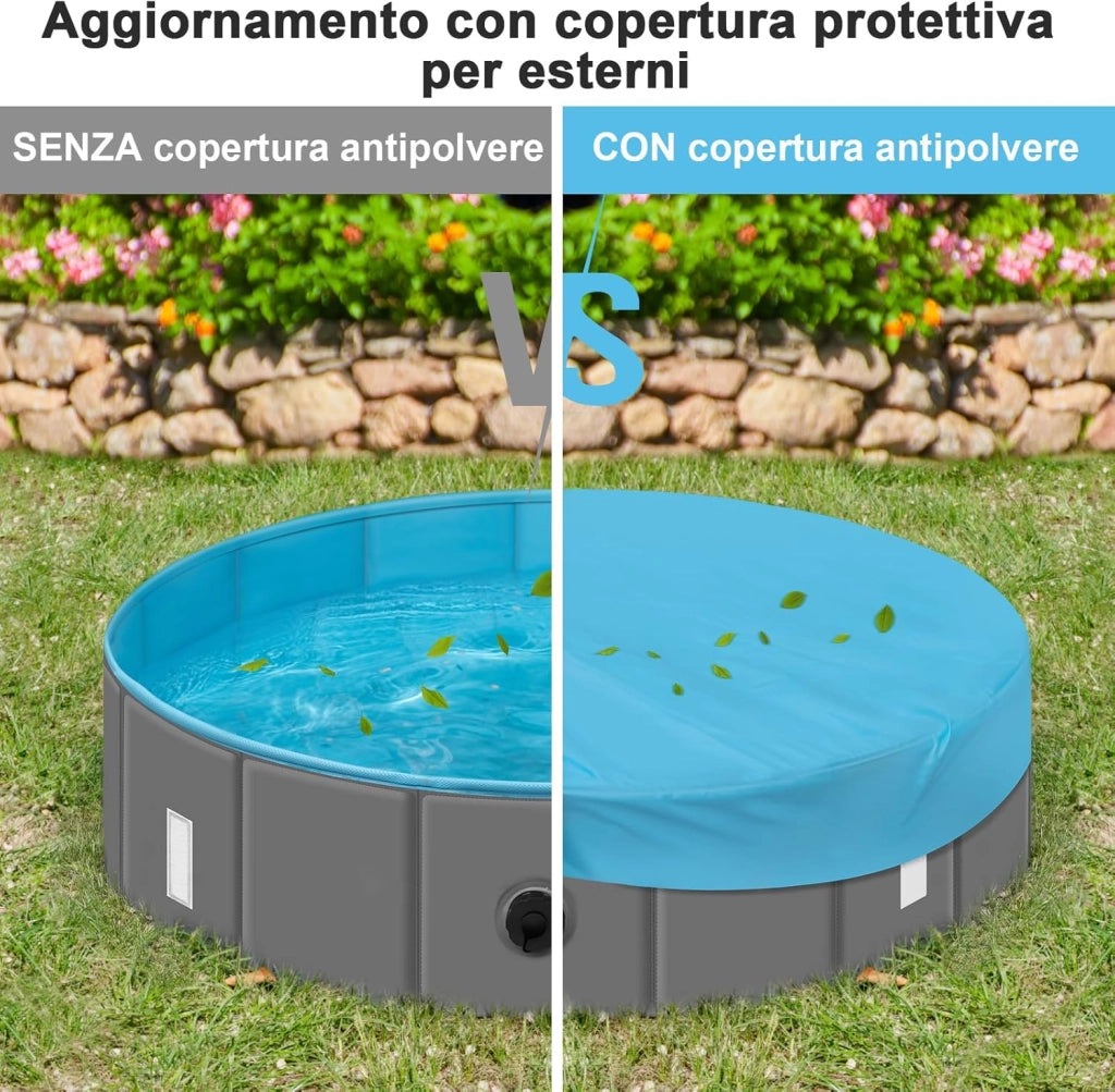 Piscina Cani Gatti con Copertura, Vasca da Bagno Pieghevole Portabile, PVC Piscina per Animali Domestici, Pool Esterno Drenaggio Laterale Veloce, 80x20 cm