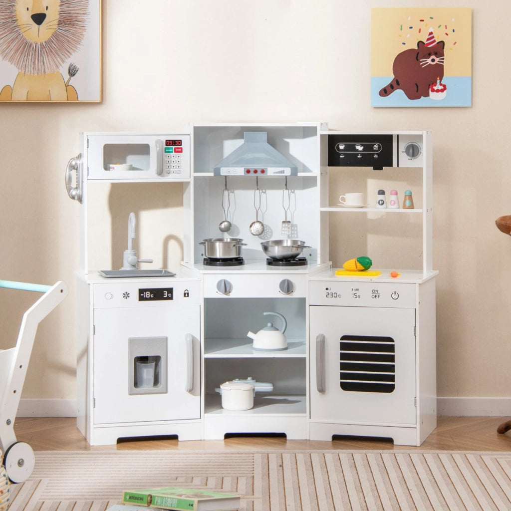 Set di giocattoli in legno con cappa macchina del ghiaccio lavello rubinetto-Cucina da gioco per bambini 3+ anni Bianco
