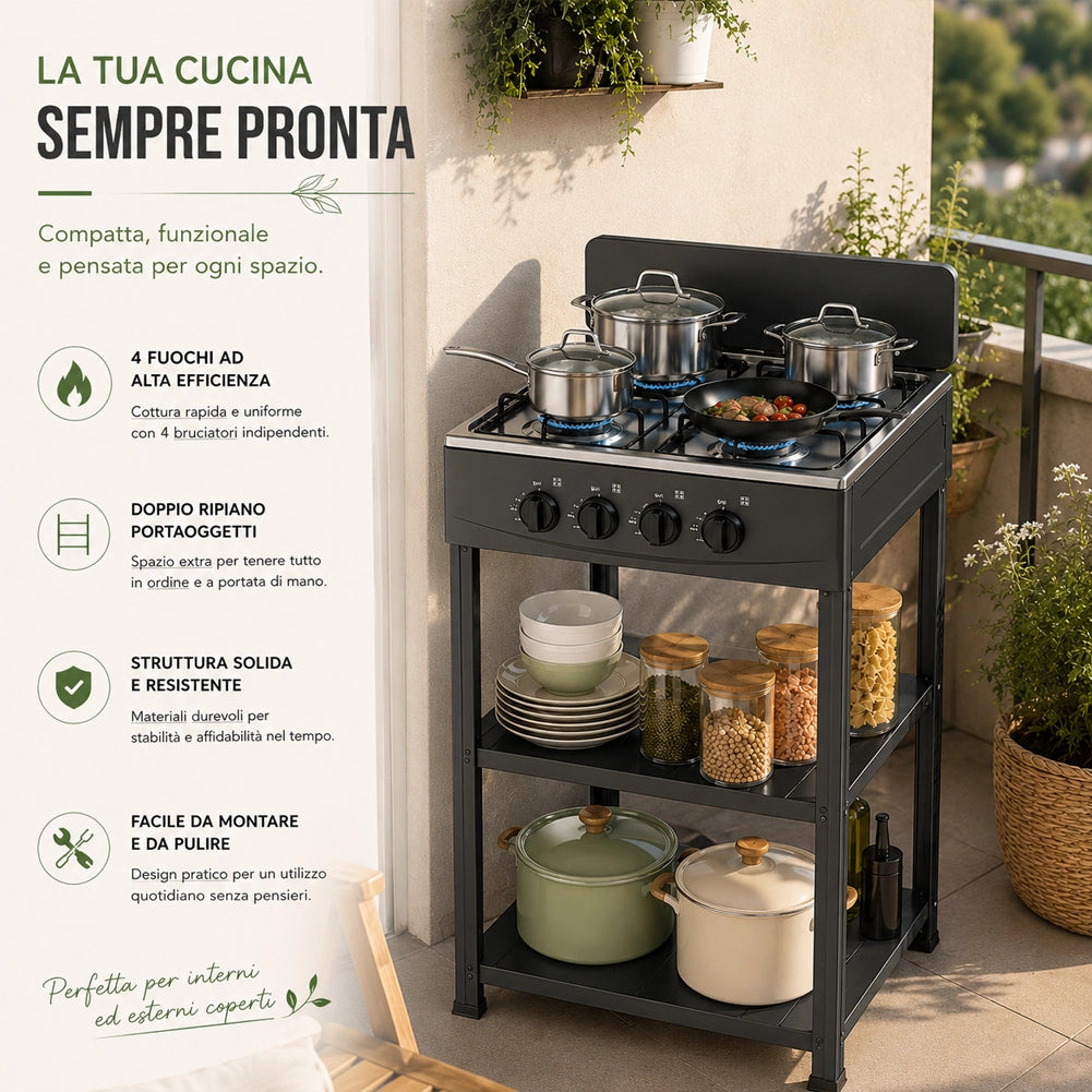 Cucina da Esterno con 4 Fuochi Nero Cucinotto da Campeggio in Ferro 49x49x79cm
