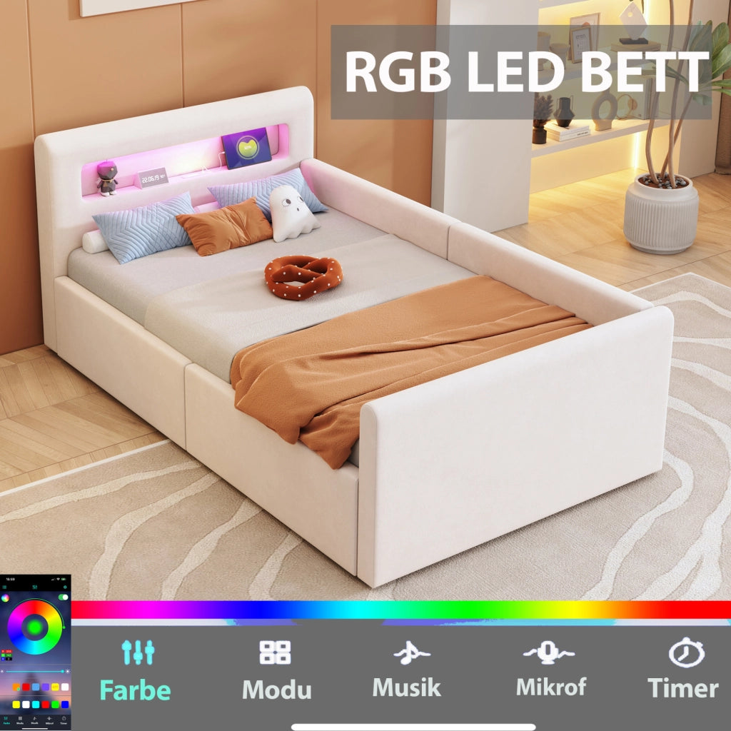Letto imbottito per bambini 90x200 cm in velluto beige con LED; USB e contenitore idraulico