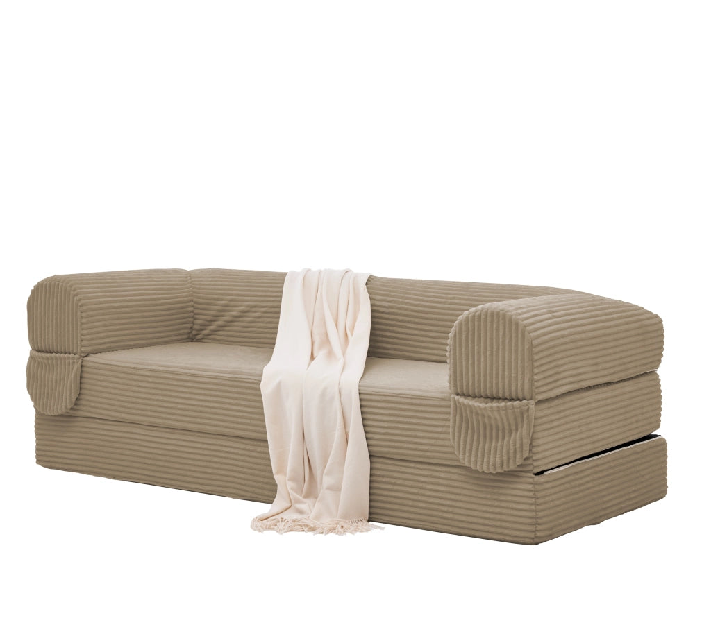 Divano letto convertibile 2 posti con braccioli imbottiti, stile minimalista, in tessuto a coste, Marrone