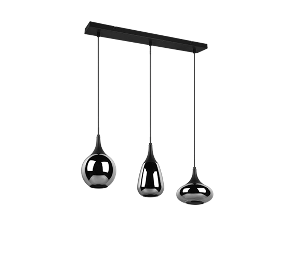 Lampada a sospensione 3 diffusori, metallo, nero e fumé, L 68 cm, Lumina