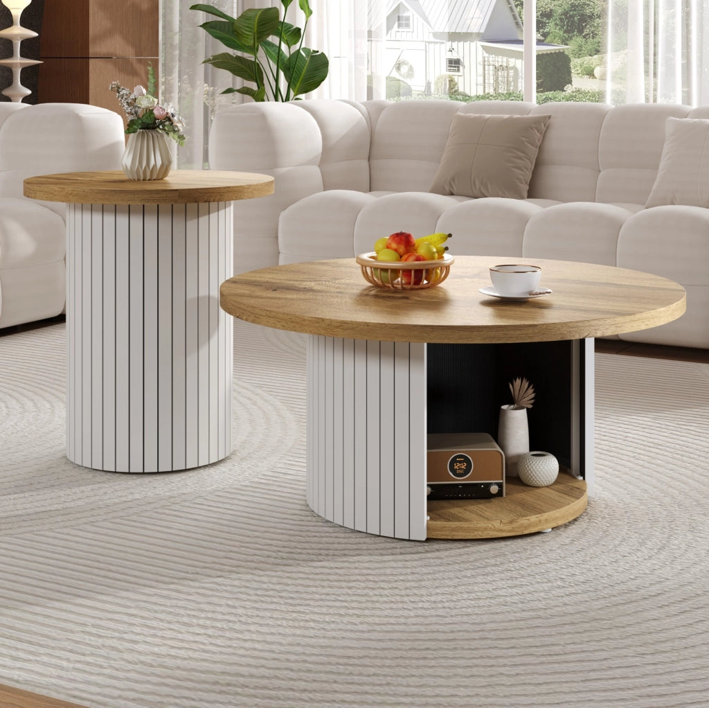 Set tavolino rotondo 75 cm e tavolino d'appoggio 45 cm in MDF naturale