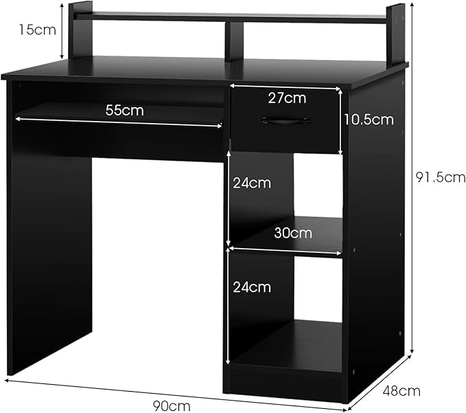 Scrivania da Studio con Cassetti, Tavolo Porta PC per Computer Moderno, con Ripiani, Legno (Nero)