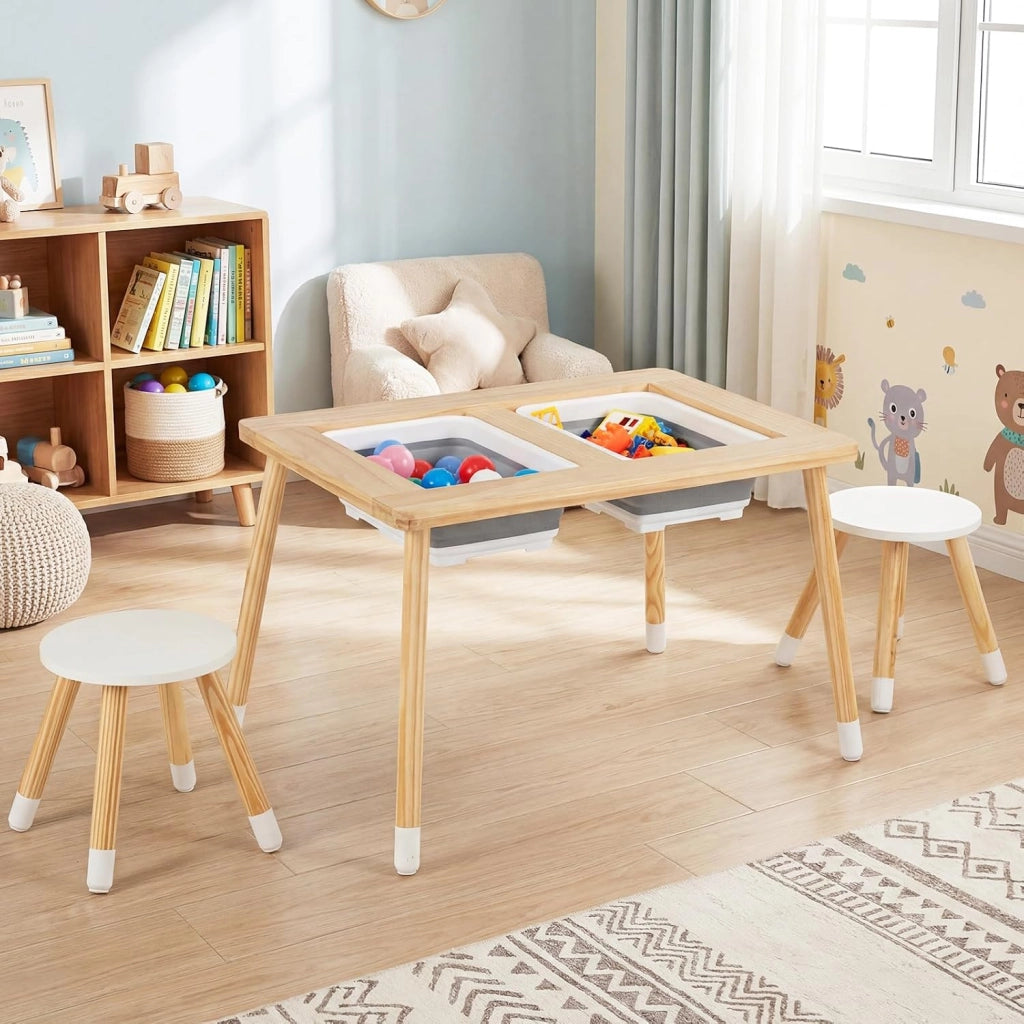 Set Tavolo con 2 Sedie per Bambini 3+ Anni, Tavolo e Sedie con Piano Doppio Lato Rimuovibile e 2 Contenitori, Gambe Robuste in Legno, Tavolo Attività per Gioco e Disegno (con Sedie Rotonde)