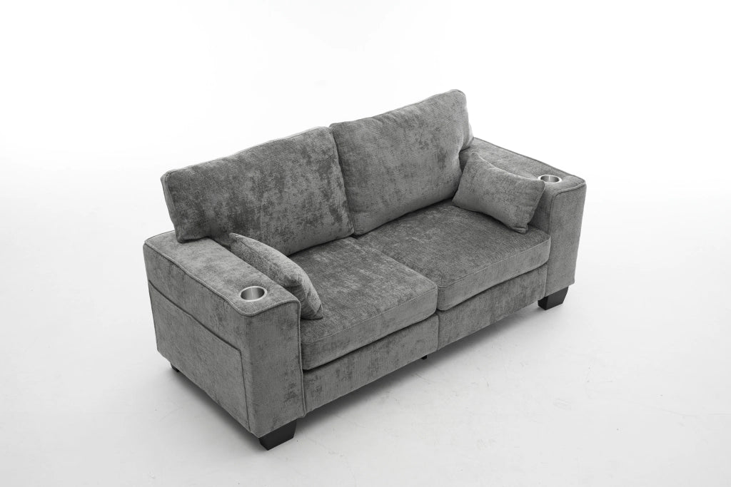 Divano a 2 posti con portabicchieri e tasche laterali in tessuto chenille grigio scuro per soggiorno 182 cm