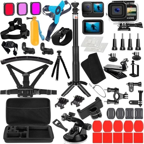 Accessori Kit per GoPro Hero 12 Nero - Contenitore Impermeabile in Silicone - Cintura per la Testa - Protezione Schermo in Vetro - Adatto per GoPro Hero 12 Hero 11 Hero 10 Hero 9.