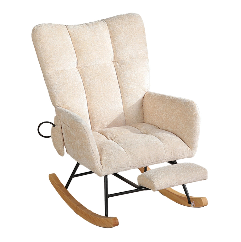 Sedia a dondolo con schienale alto e braccioli in chenille beige