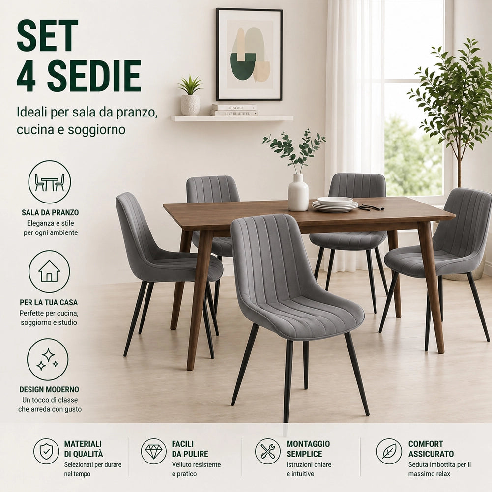 Set 4 Sedie da Pranzo Grigio in Velluto Seduta Ergonomica e Struttura Acciaio