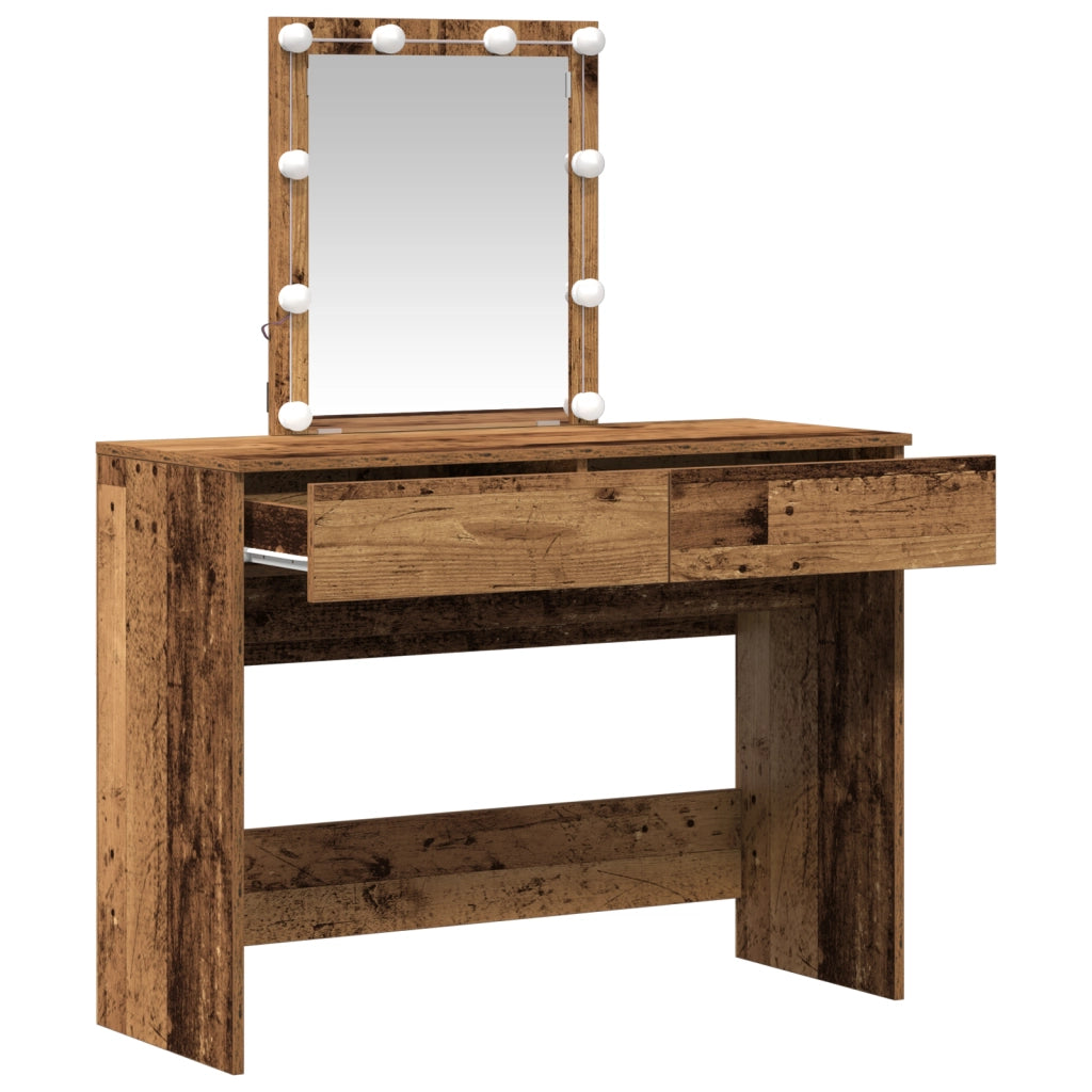 Tavolo da trucco con specchio e luci LED in legno vecchio