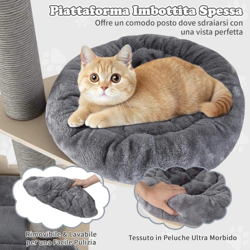 Albero per Gatti da Interno, Tiragraffi per Gatti Regolabile in Altezza da 236 a 271 cm con Piattaforma, Cesta Letto e Tiragraffi, Mobile per Gattini in Legno