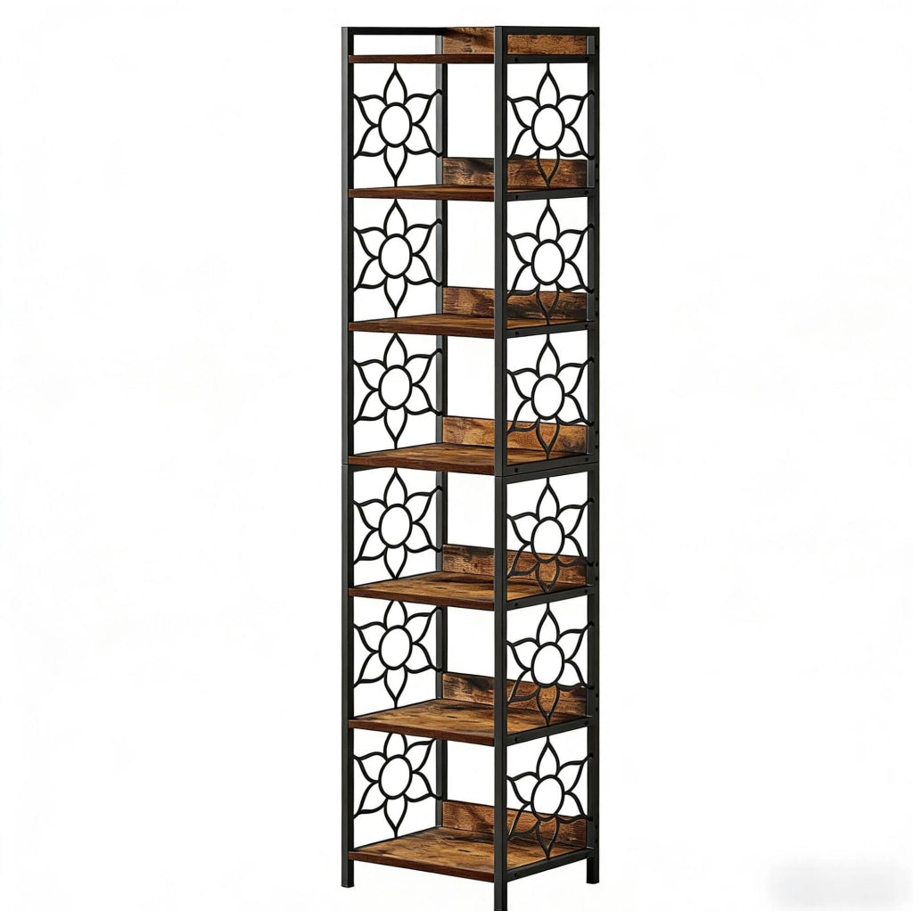 Scaffale angolare a 7 ripiani in MDF e metallo nero e marrone rustico