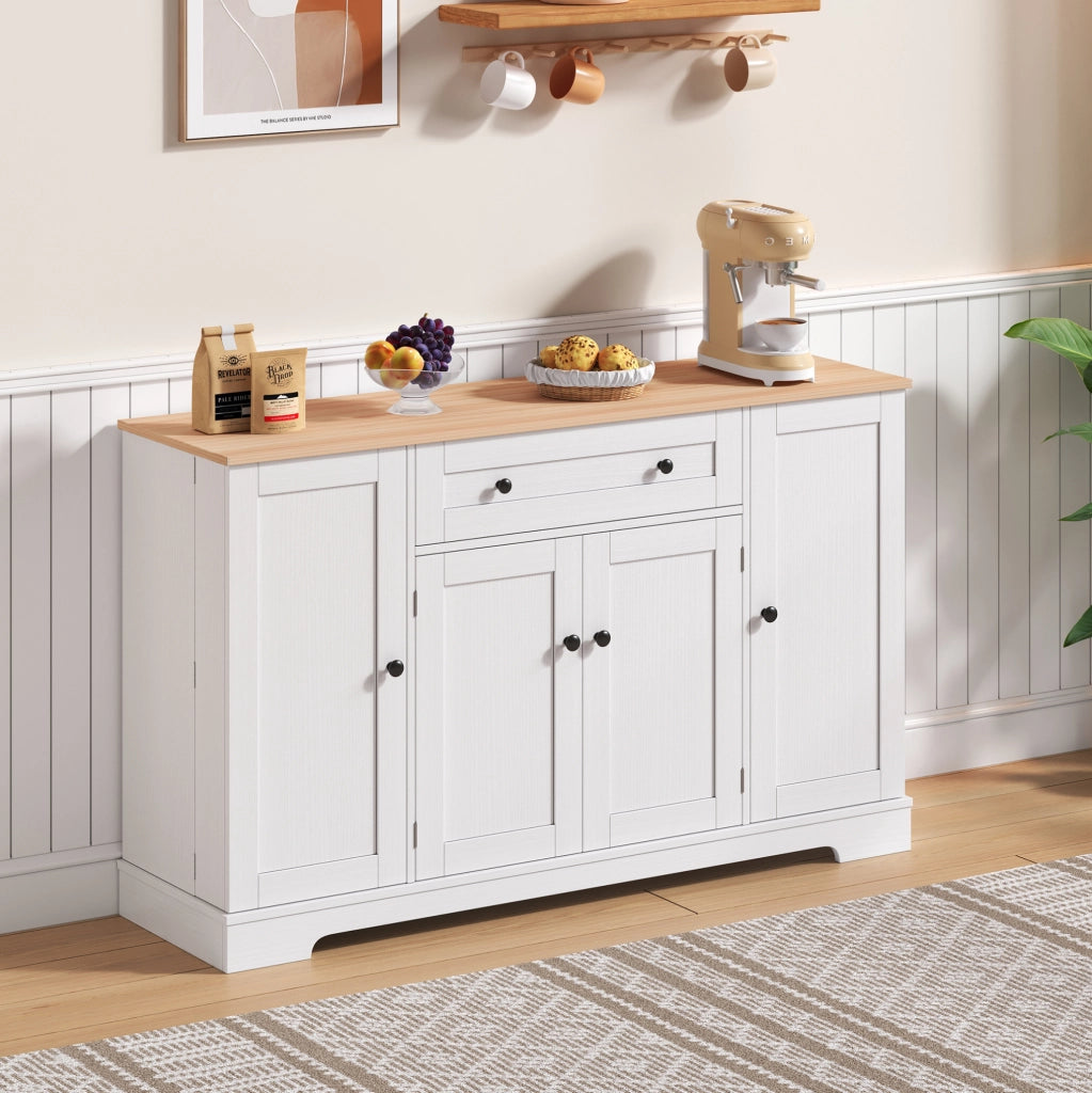 Credenza moderna da cucina 138 cm con cassetto e ante; in MDF naturale e bianco
