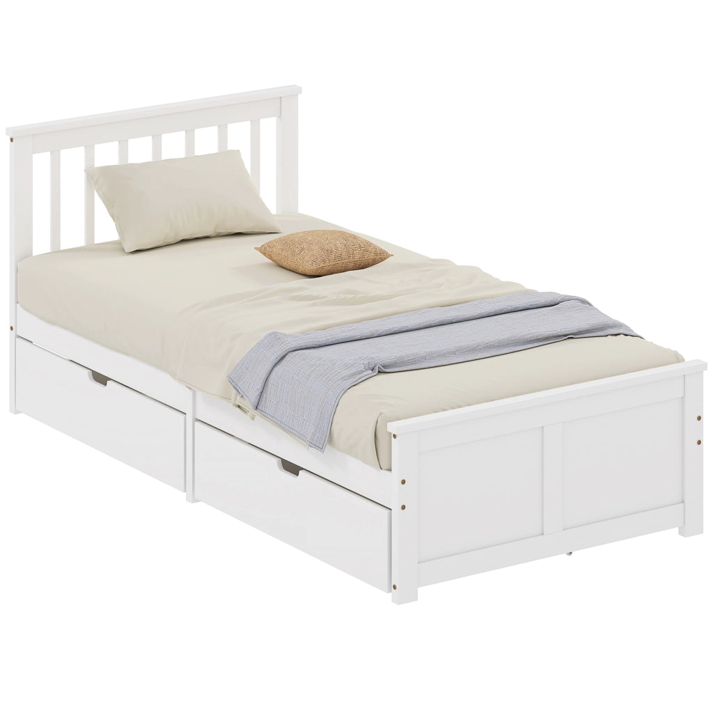 Letto Singolo in Legno Massello con 2 Cassetti e Testiera ¨C Zephmum ¨C 90x190 cm Bianco