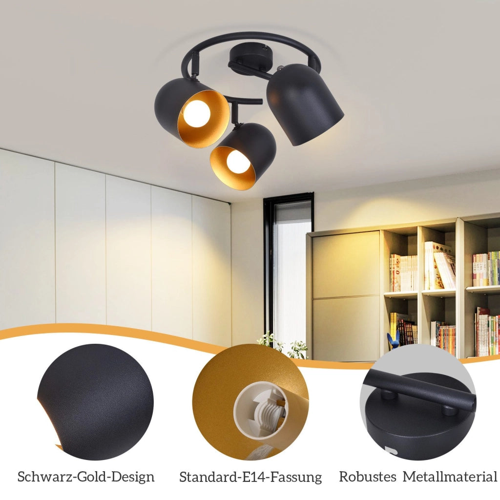ZMH Faretto da soffitto 3 fiamme nero oro E14 lampada da soffitto girevole 350° soggiorno