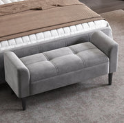 Panca imbottita 116x44x56 cm grigia in velluto e MDF, con braccioli