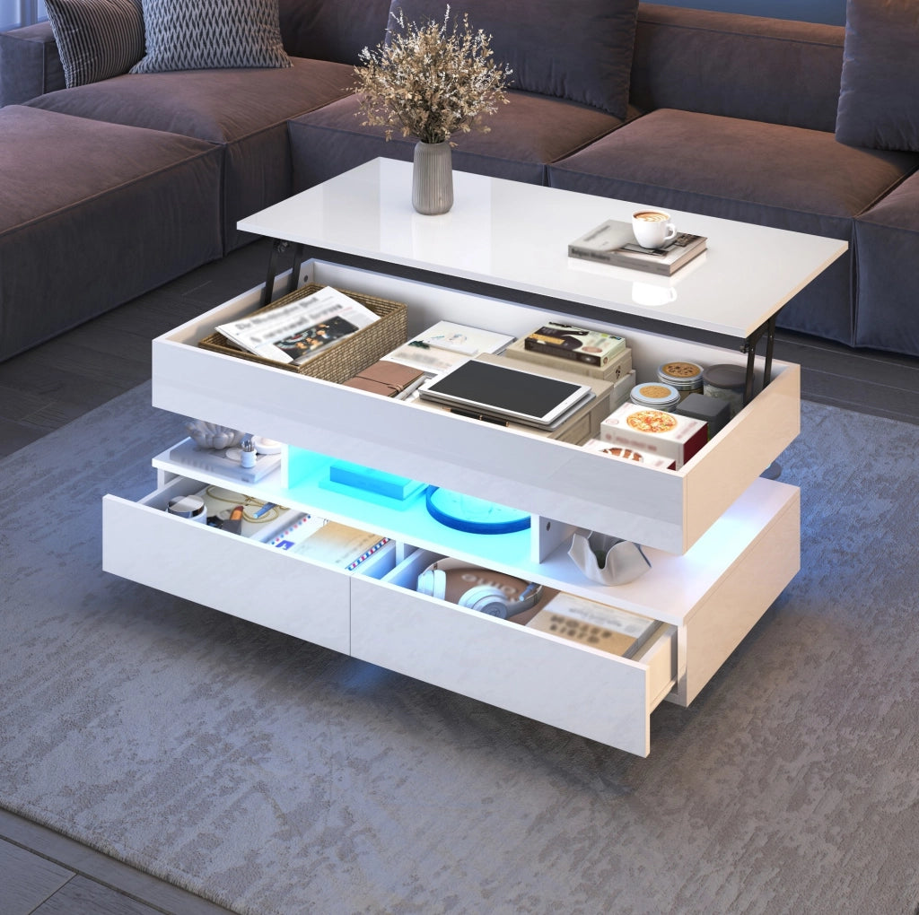 Tavolino da caffè sollevabile con LED e contenitore 100 x 50 x 45 cm; bianco lucido
