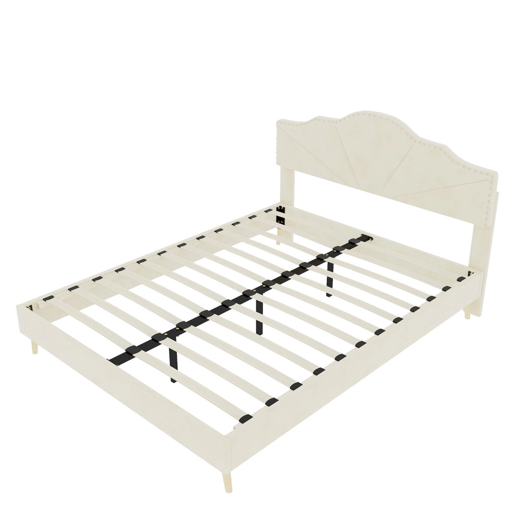 Letto 140x200 cm in tessuto beige con testiera e materasso, per camera -