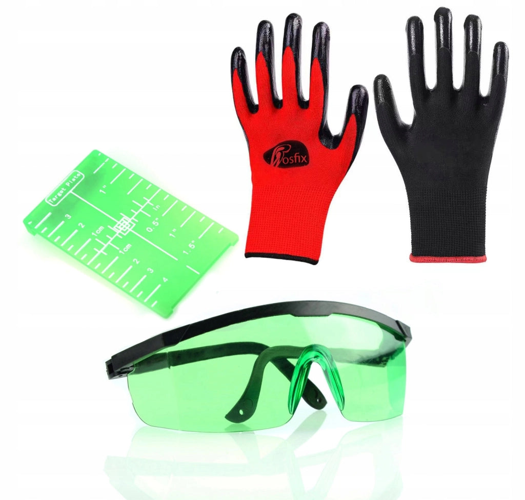 Set di Accessori Rosfix – Targa Verde per Livella Laser, Occhiali Protettivi e Guanti L | Precisione, Sicurezza, Comfort