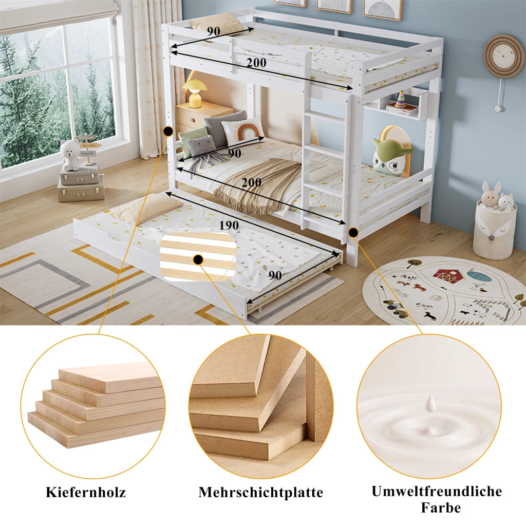 Letto a castello con ripiani in legno massiccio e MDF 90x200 cm