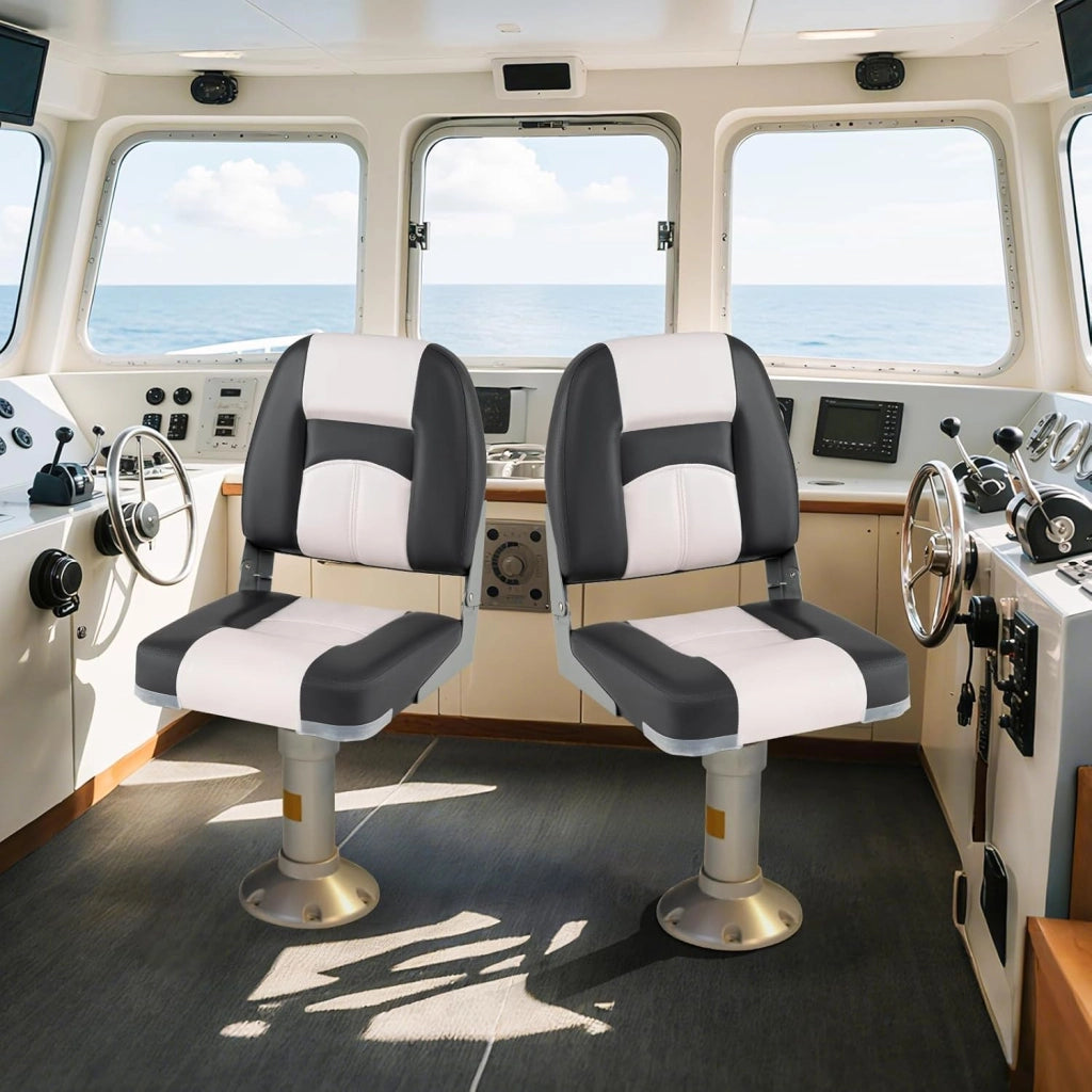 Set di 2 Sedie da Barca, Sedili Alti da Barca Pieghevole Morbide Imbottite Spesse, Sedile Nautica Ergonomico per Imbarcazioni da Pesca, 42 x 49 x 51 cm, Grigio e Bianco