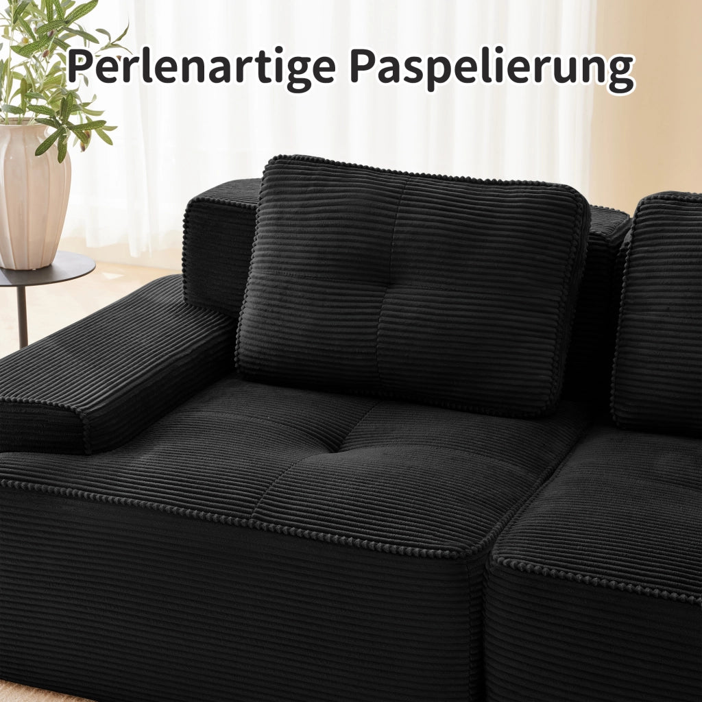 divano modulare a U senza struttura; seduta profonda; senza montaggio; in velluto a coste nero