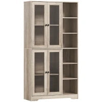 Credenza Cucina Alta con Vetrina a 4 Ante, Chiusura Soft e 6 Ripiani aperti Regolabili, design moderno, 90x35x172 cm Grigio Chiaro |Aosom Italy