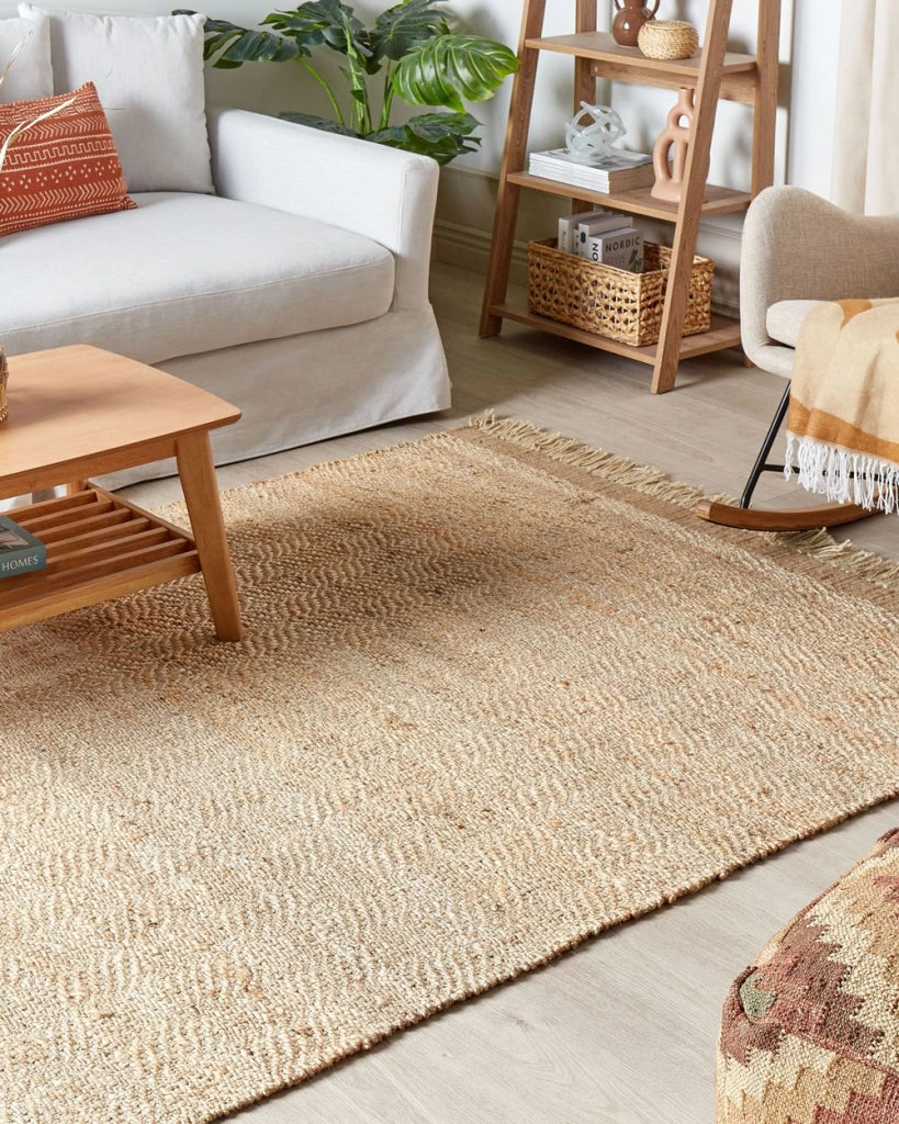 Tappeto con frange in iuta beige 160 x 230 cm fatto a mano stile boho moderno soggiorno camera da letto