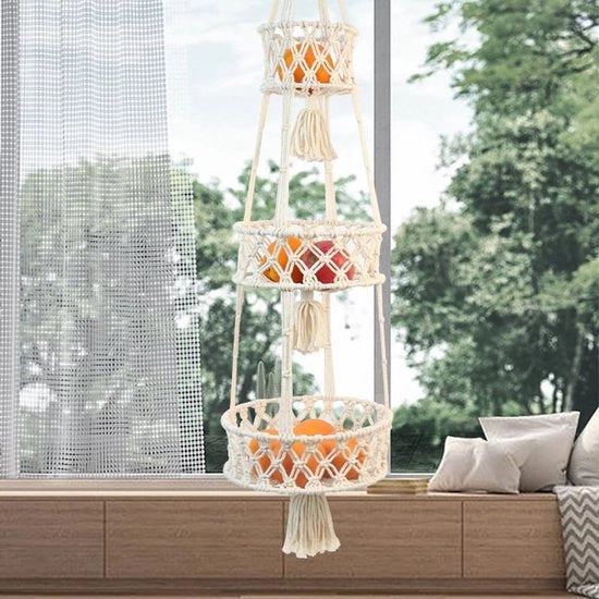 Hangmand per frutta e verdura, mand per frutta e verdura con corda in cotone, mand per verdura e frutta, mand per frutta e verdura con intreccio, mand per frutta e verdura con decorazione boho, mand per frutta e verdura con design woonkamer.