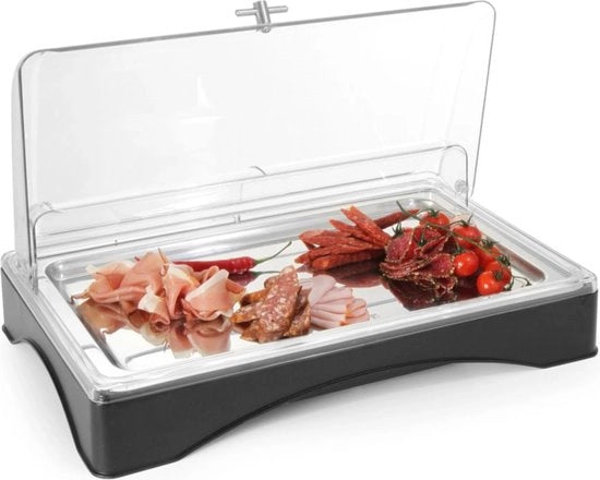 Presentazione display refrigerato – Gastronorm 1/1 – Incluso piano di servizio – Copertura trasparente – 555x357x175 mm