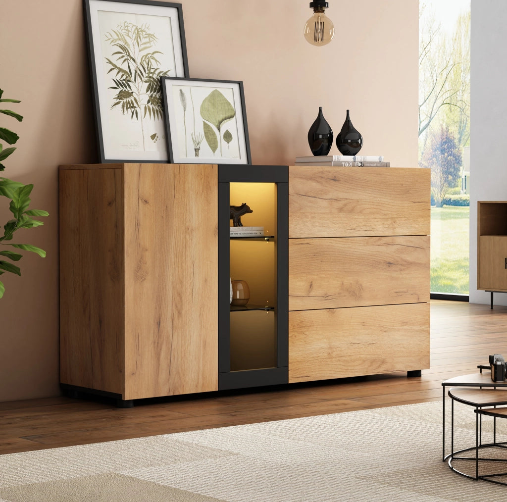 Credenza moderna con LED, ante in vetro e ampio spazio contenitivo
