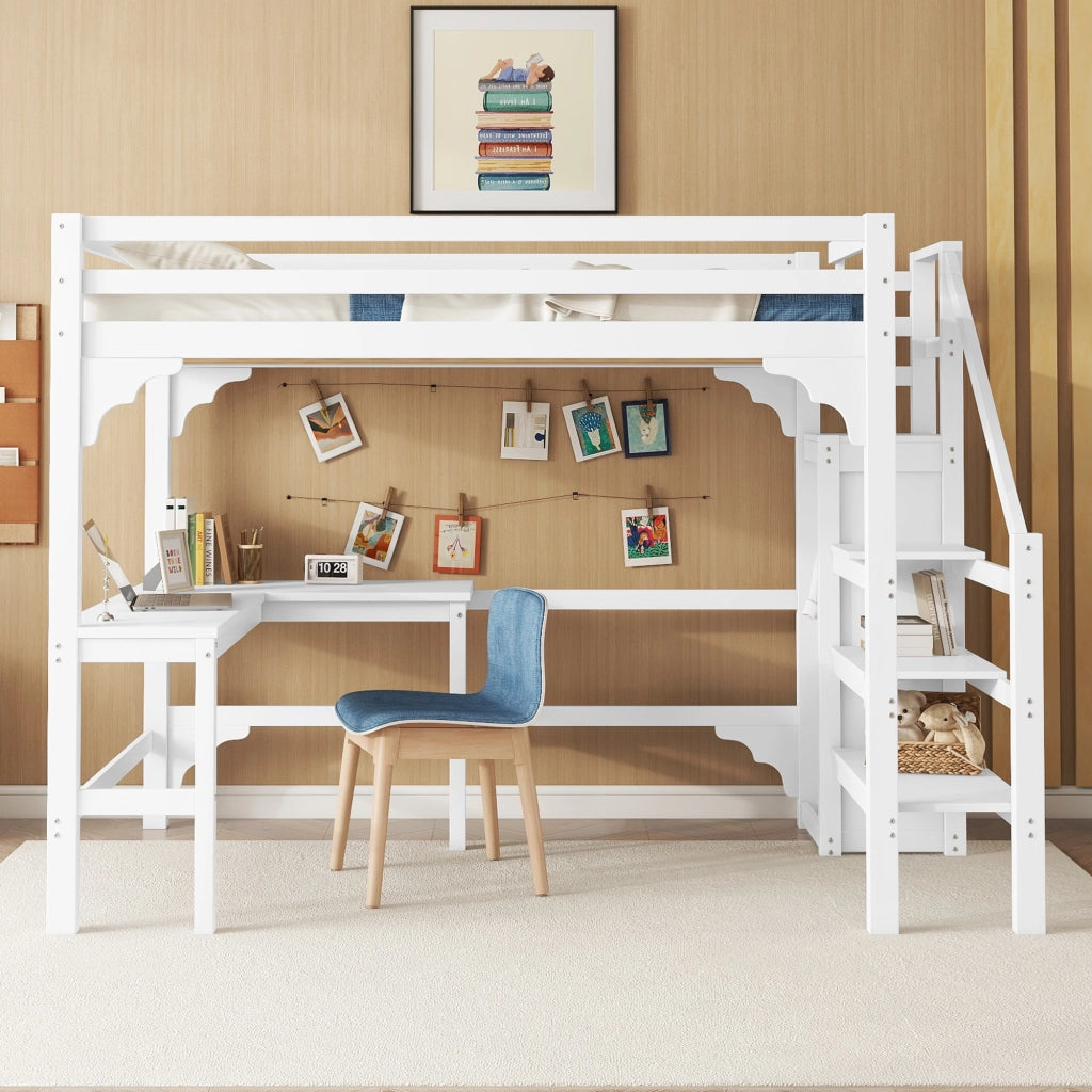 Letto a castello bianco con scrivania a L funzione contenitore in pino 140x200 cm