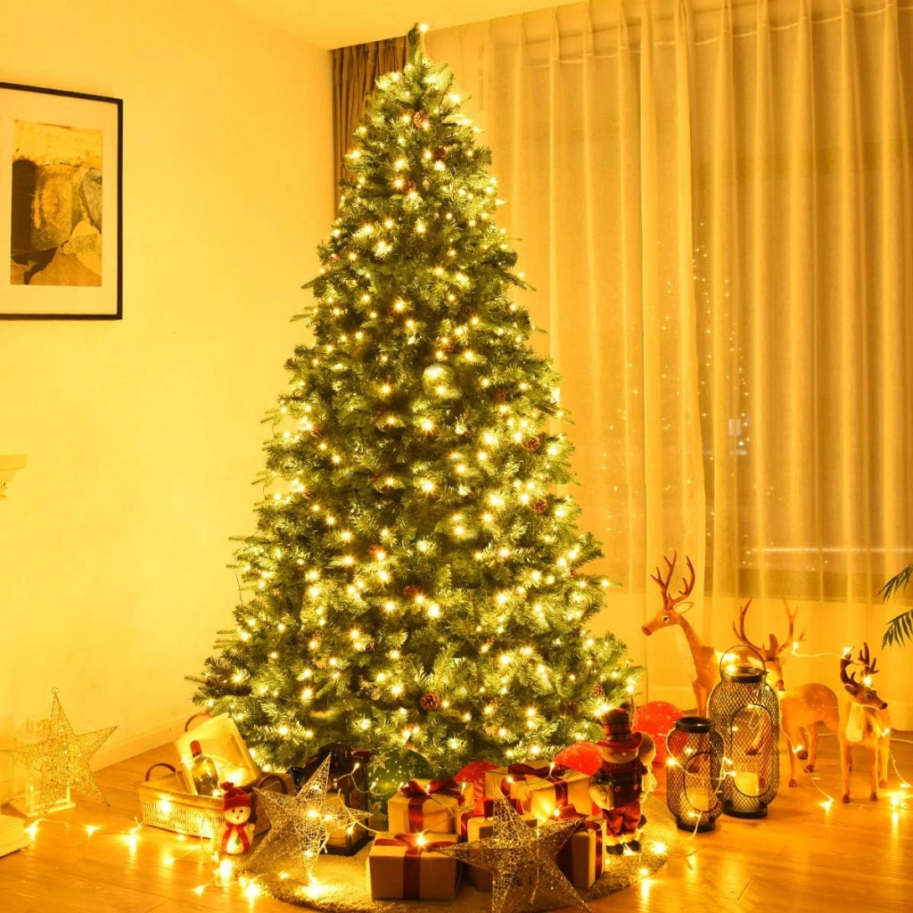 Albero di Natale 240 cm, Albero di Natale con 600 Luci a LED Bianco Caldo, 1335 Rami e Pigne, Decorazione Natalizia per Casa e Negozio (240cm)