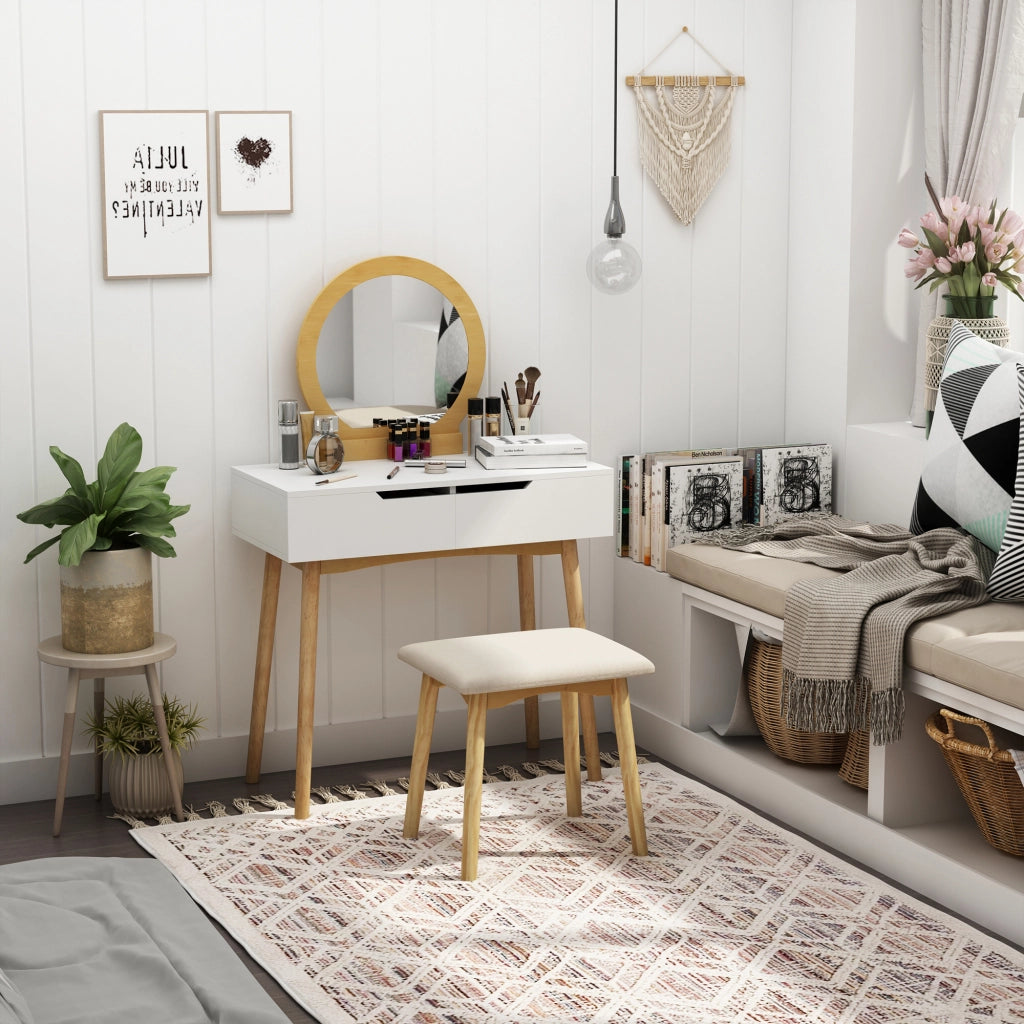 Scrivania con Specchio e Sgabello ¨C Xylo ¨C Bianco Legno Pino Chiaro 2 Cassetti