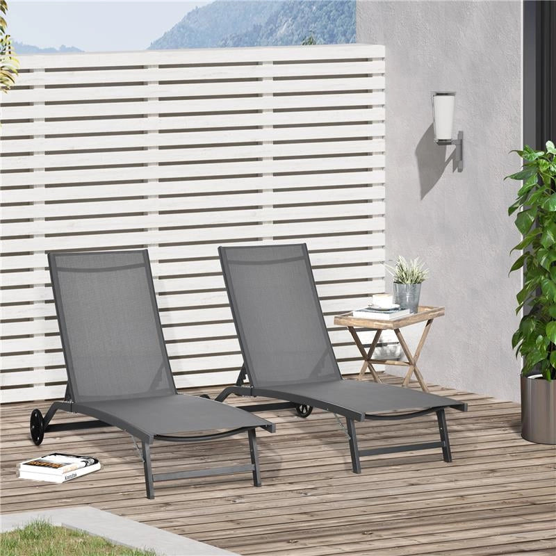 SET 2 LETTINI PRENDISOLE CON SCHIENALE RECLINABILE, IN ALLUMINIO E TESSUTO TRASPIRANTE, 66X165X102 CM, GRIGIO SCURO