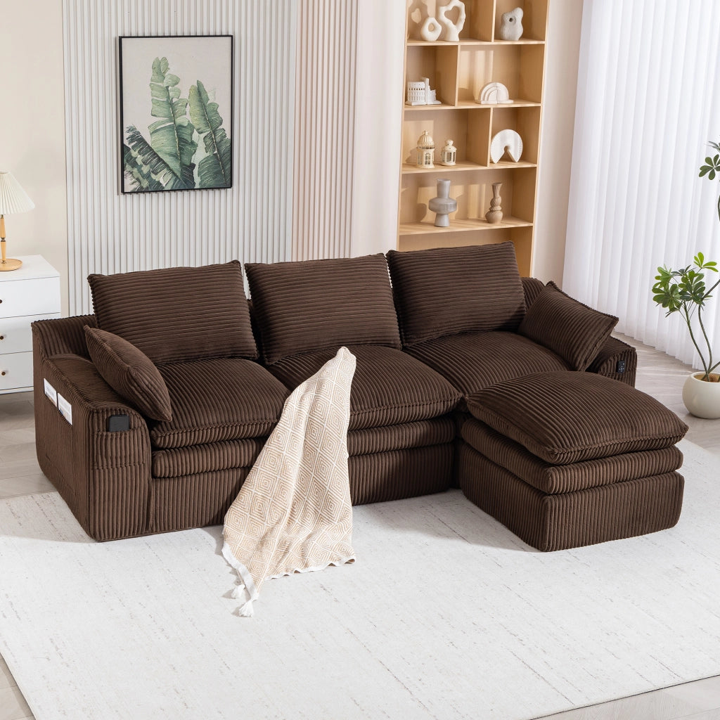 Divano 3 Posti con Poggiapiedi in Tessuto ¨C MINIMAL ¨C Marrone, Cuscini Inclusi
