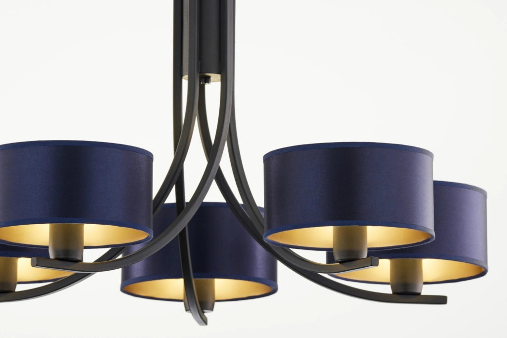 Lampadario nero a catena 5xE27 paralumi blu Jupiter
