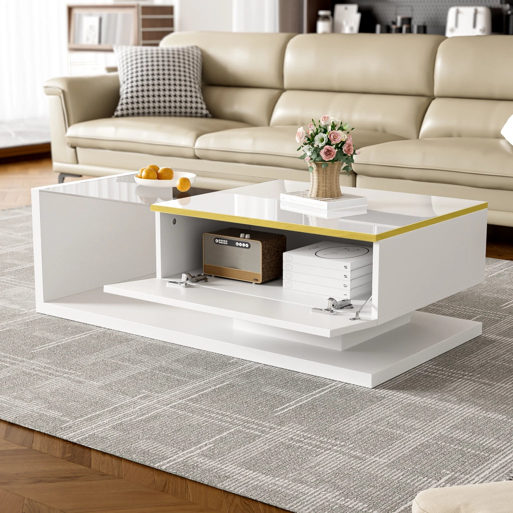 Tavolino da salotto con 1 vano contenitore e 2 ripiani aperti; LED dimmerabile 16 colori; 100 × 50 × 32.5 cm