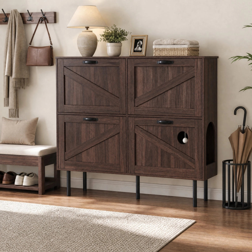 Scarpiera salvaspazio con 4 ante, 3 ribalte per 7¨C9 paia di scarpe, con gioco integrato per gatti, finitura Natural Walnut